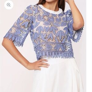 New Gracia Leaf Shape Lace Crop Top White Blue Delicate Blouse Sz S Feminine